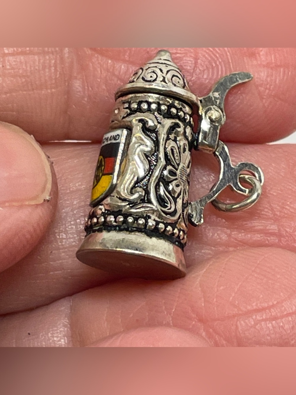 Antique 800 Silver Ornate German Beer Stein Open & Closes Hinged Lid Charm 2.42g
